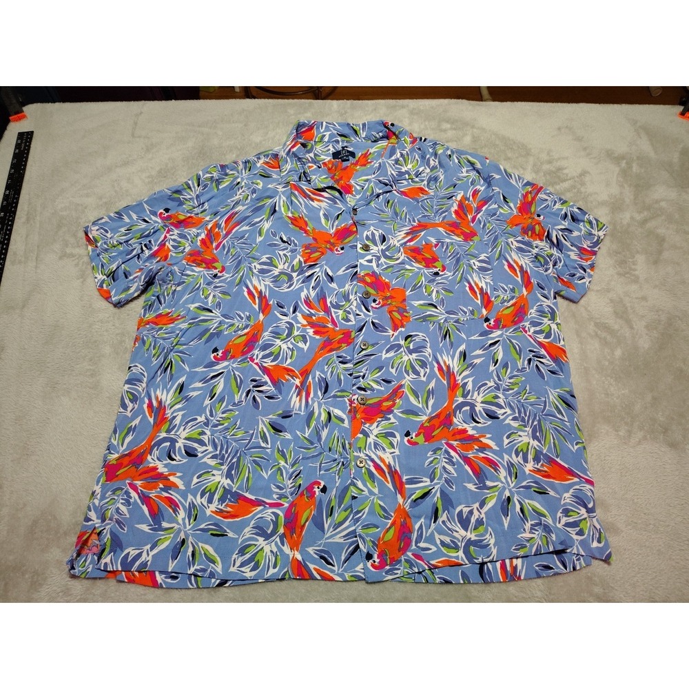 George Hawaiian Shirt Men XL Blue Parrots Island Tropical Vacation Rayon Light